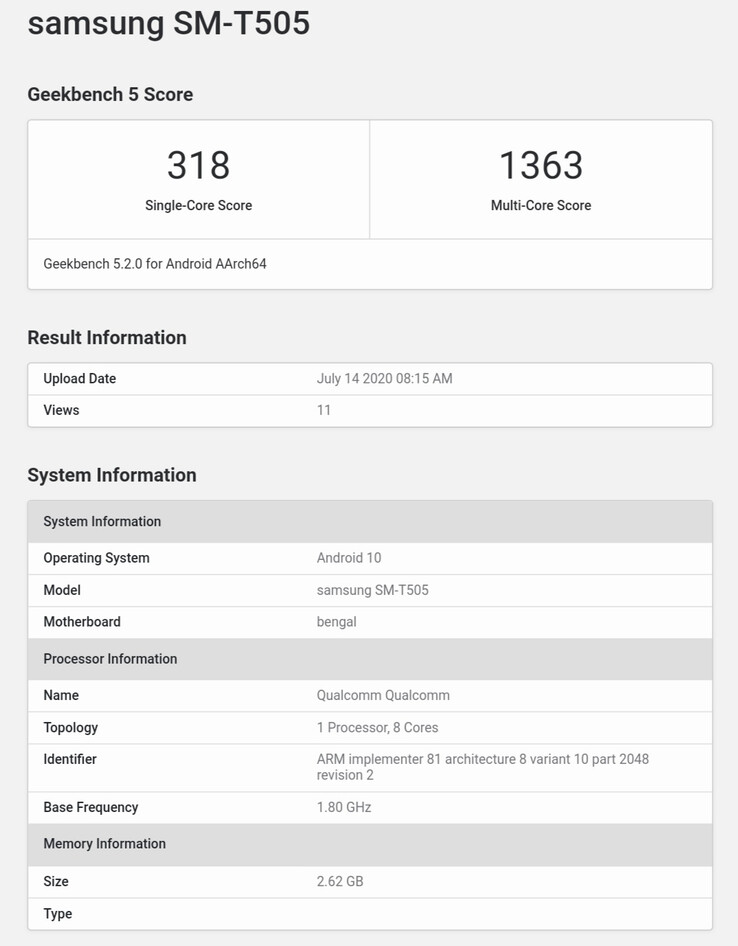 The new "Samsung tablet" on Geekbench. (Source: Geekbench 5 via MyFixGuide)