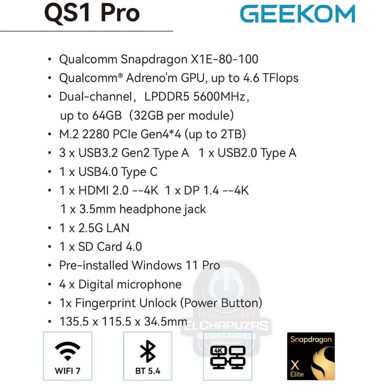 Leaked specs of Geekom QS1 Pro (Image source: El Chapuzas Informatico)