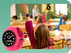 The student-friendly Pearson Revibe, pictured here with a classroom in the background, is merely a modded Galaxy Watch 7. (Image source: Samsung) 