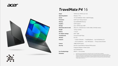 Acer TravelMate P4 16: Specifications. (Source: Acer)