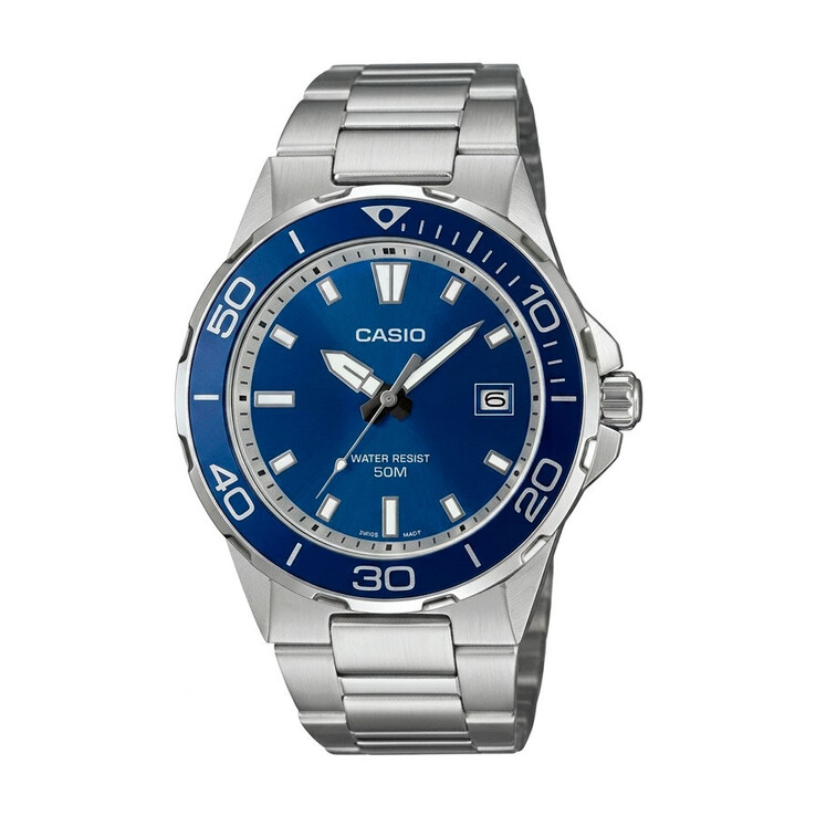 The Casio MTD-145D-2A features a blue dial