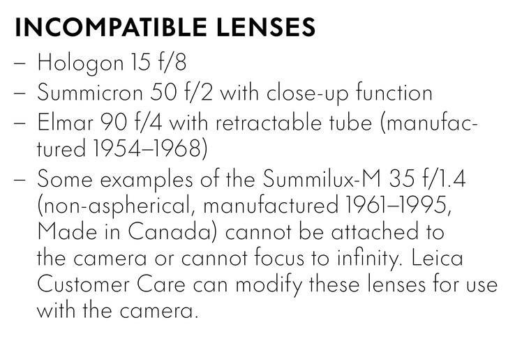 The Leica M11-D is compatible with almost all Leica M-Lenses manufactured since 1954 with the exception of these lenses. (Image source: Leica)