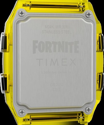 The engraved back cover of the Q Timex LCA x Fortnite watch helps provide water resistance down to 98 feet (30 m). (Image source: Timex)