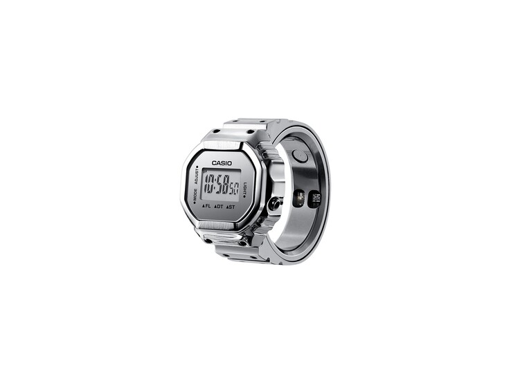 Angled view of the silver Casio CRW-H001M-8 smart Ring Watch showing the digital display and health sensors inside the ring.
