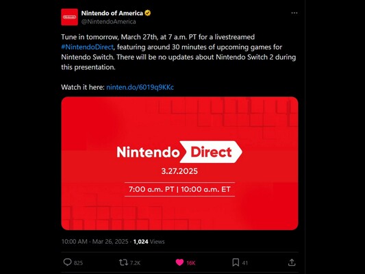 Nintendo Direct March 27th X announcement (Image source: screenshot, Nintendo of America X account)