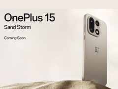 OnePlus 15 Sand Storm edition smartphone with triple camera setup showcased against a desert sand background. (Image source: OnePlus)