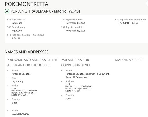 POKEMONTRETTA Game Freak and Nintendo trademark filing (Image source: screenshot, WIPO)