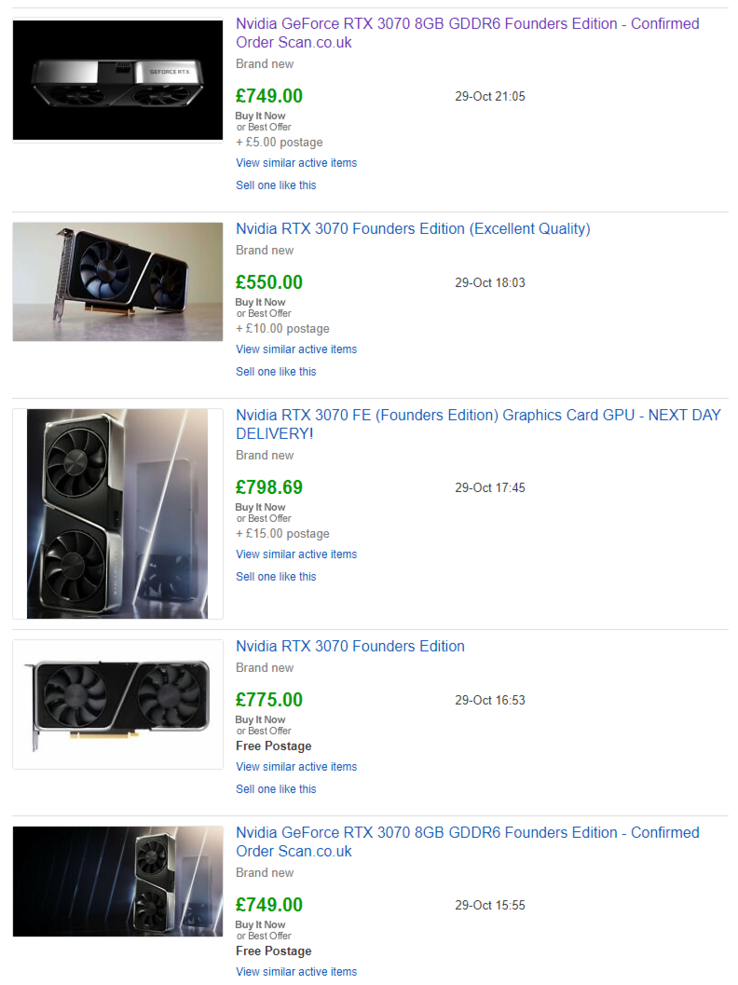 The RTX 3070 Founders Edition has sold for way over its £469 list price on eBay. (Image source: eBay UK)