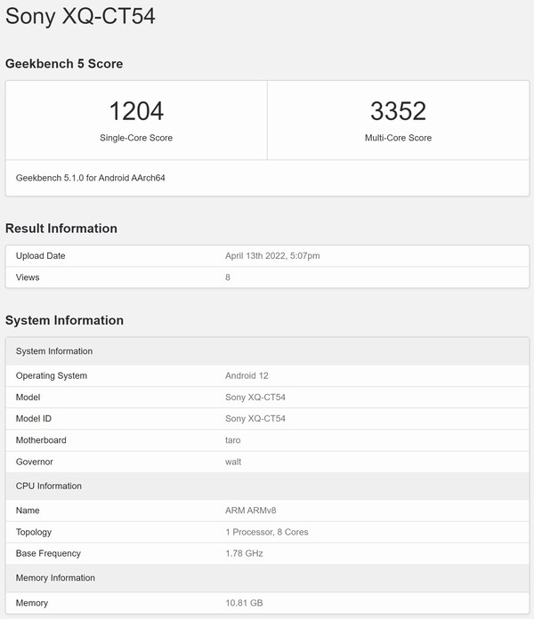 Possible Sony Xperia 1 IV run. (Image source: Geekbench)