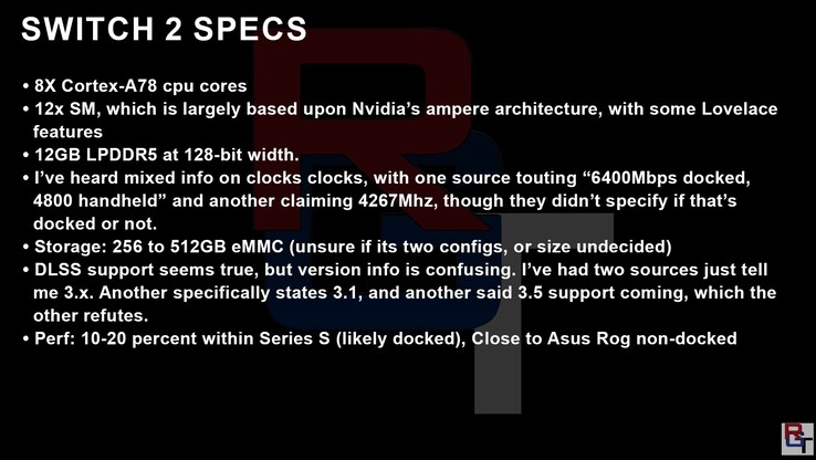 Allegedly "accurate" Switch 2 specs. (Image source: RedGamingTech)