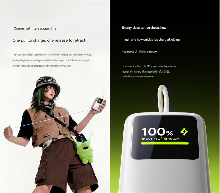The built in cable and screen of the 45W power bank (machine translated)