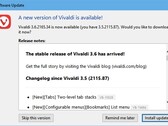 Vivaldi 3.6 browser update notification (Source: Own)