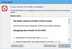 Vivaldi 3.6 browser update notification (Source: Own)