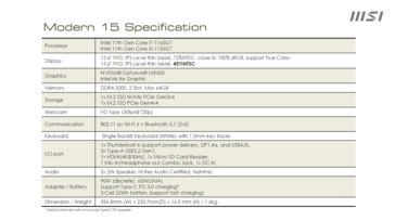 MSI Modern 15 - Specifications (Source: MSI)