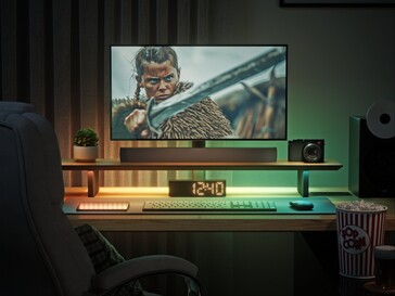 Smart LED Monitor Stand with ambient lighting for watching movies.