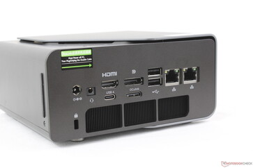 Rear: AC adapter, 3.5 mm headset, HDMI 2.1, USB-C 4.0 w/ DisplayPort 1.4 + Power Delivery (40 Gbps), DisplayPort 1.4, OcuLink (PCIe4 x4), 2x USB-A 2.0 (480 Mbps), 2x RJ-45 (2.5 Gbps)