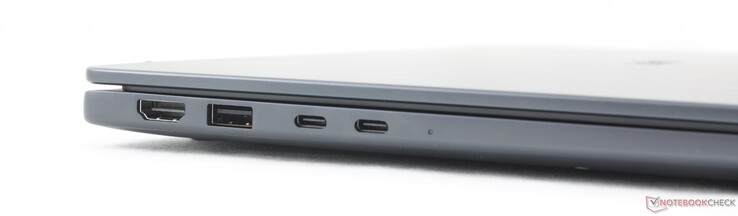 Left: HDMi 2.1, USB-A 3.2 Gen. 1 (5 Gbps), 2x USB-C Thunderbolt 4 w/ DisplayPort 2.1 + Power Delivery (100 W)