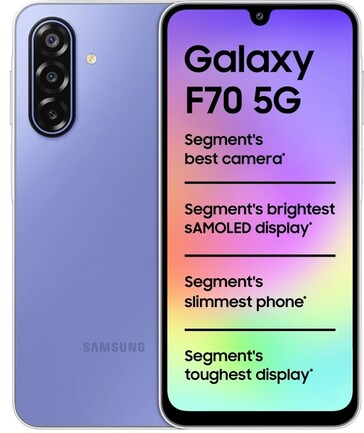 Samsung Galaxy F70 5G in purple, shown from the front and rear