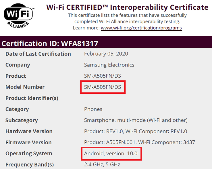 Galaxy A50 with Android 10. (Image source: Wi-Fi Alliance)