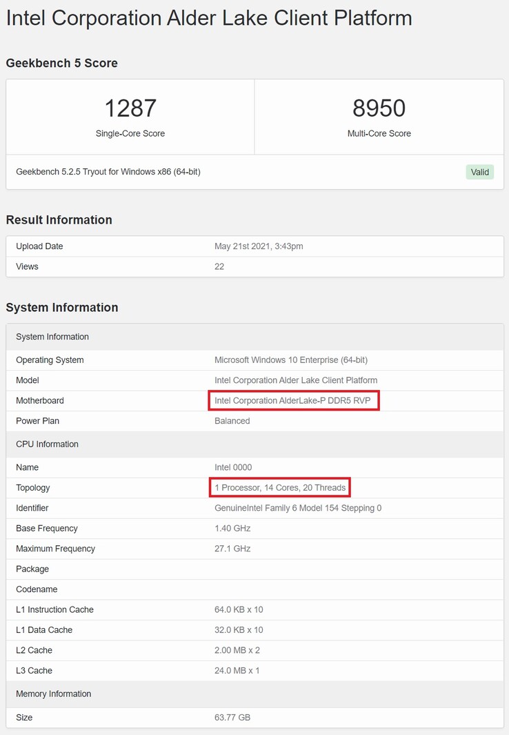 Alder Lake-P sample on Geekbench. (Image source: Geekbench)