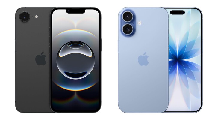 The Apple iPhone 16e (left in the picture) has noticeably thicker screen bezels than the iPhone 17 (right in the picture).
