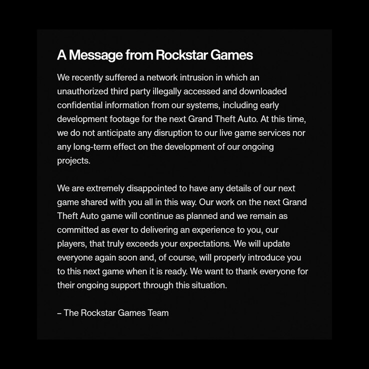 The message Rockstar Games posted for its fans following the 2022 game footage leak. (Image source: Rockstar Games)