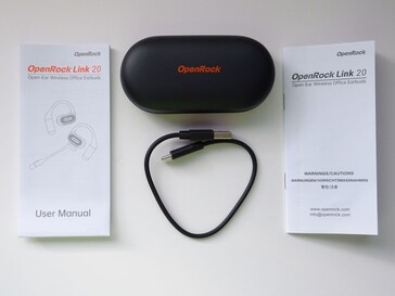 Contents - OpenRock Link 20 earphones in charging case, USB-C charging cable, and documentation. (Image source: Notebookcheck)