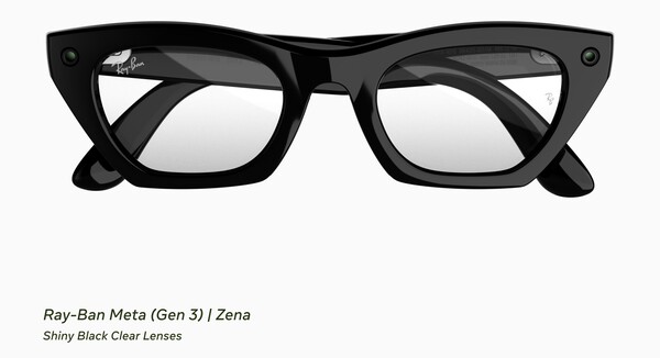 The Ray-Ban Meta (Gen 3) Zena with a shiny black frame and clear lenses.