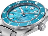 Close-up of the Seiko Prospex 1965 Heritage Diver showing its blue dial, date display, luminous hands and markers, and stainless steel case.