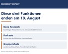 Graphic listing the three Copilot features Deep Research, Podcasts and group chats that end on August 18, 2026