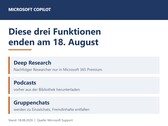 Graphic listing the three Copilot features Deep Research, Podcasts and group chats that end on August 18, 2026