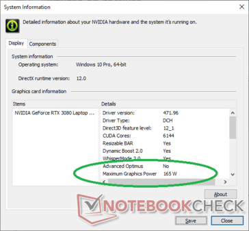 Maingear Vector Pro Nvidia system information claims a 165 W TGP