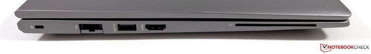 Left: Kensington Nano Security Slot, Ethernet, USB-A 3.2 Gen.1 (5 Gbps, powered), HDMI 2.0b, SmartCard reader