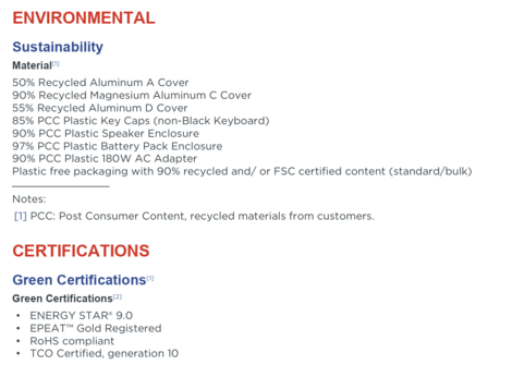 Recycled materials & environmental certificate (source: Lenovo)