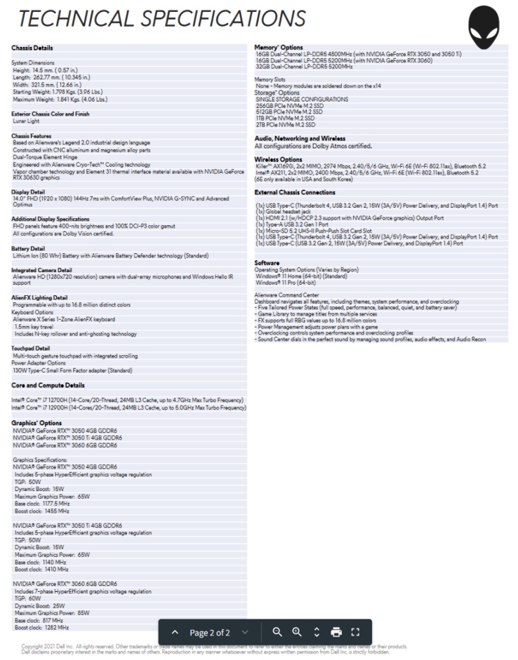 Alienware x14 specifications (image via Dell)
