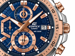 The new Casio Edifice two-tone models have matching two-tone bracelets with steel outer links and gold-toned center links,