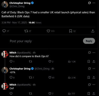 Call of Duty: Black Ops 7 sales in UK (Image source: screenshot, Christopher Dring X account)