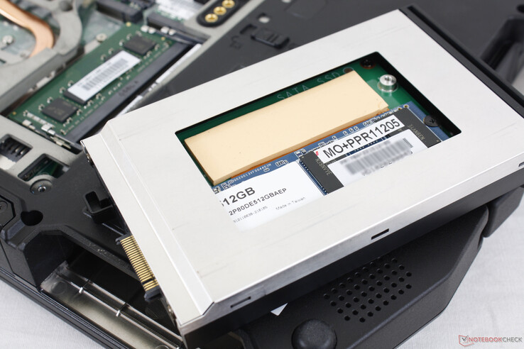 Up to two M.2 2280 NVMe drives can be installed in the removable caddy