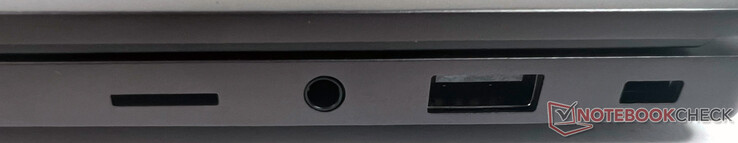 Right: 1x microSD, 1x combined audio/mic (3.5 mm), 1x USB 3.2 Gen1 Typ-A, 1x Kensington