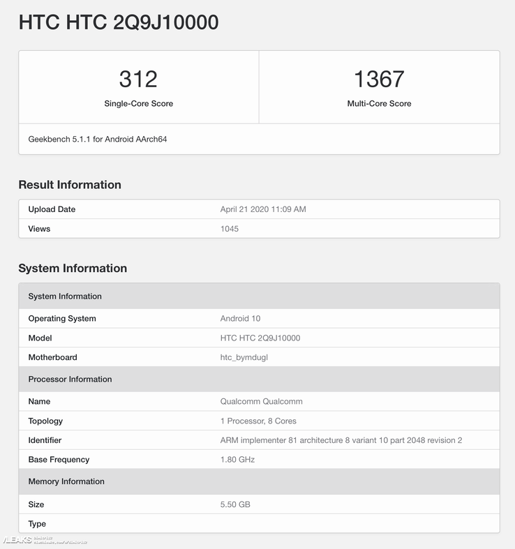 The alleged new HTC phone on Geekbench 5. (Source: Geekbench via SlashLeaks)