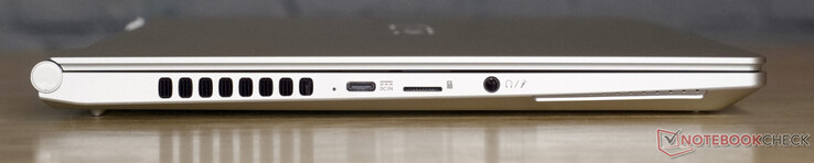 USB-C with power input; microSD card reader; 3.5 mm audio jack