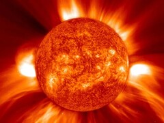 Image of a coronal mass ejection captured by SOHO (Image source: NASA, GSFC, SOHO, and ESA; cropped)