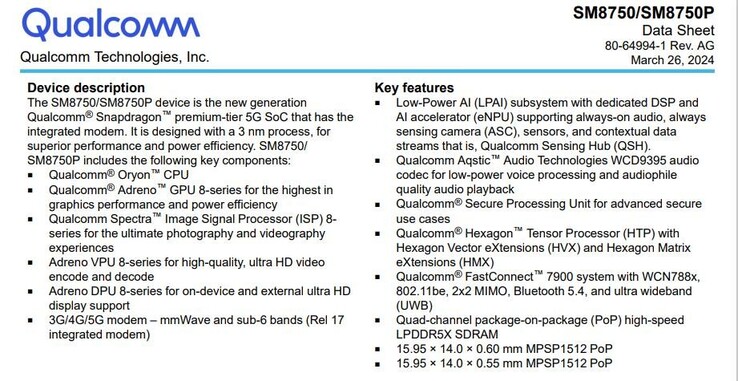 The Snapdragon 8 Gen 4 datasheet slide in question (Image source: SmartPix)