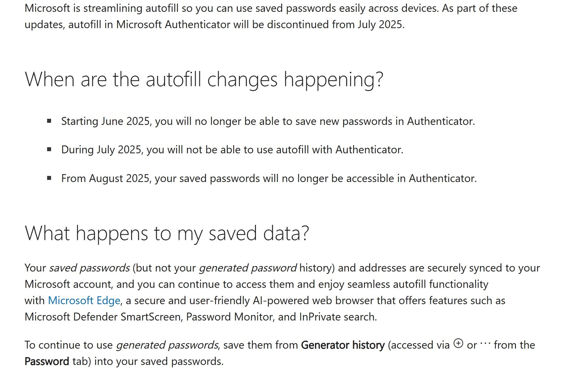 Screenshot of Microsoft Authenticator password storage changes. (Image source: Microsoft)