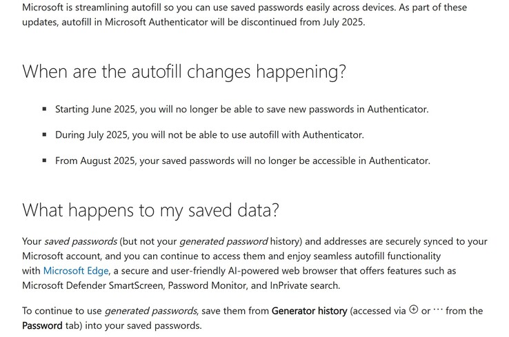 Screenshot of Microsoft Authenticator password storage changes. (Image source: Microsoft)