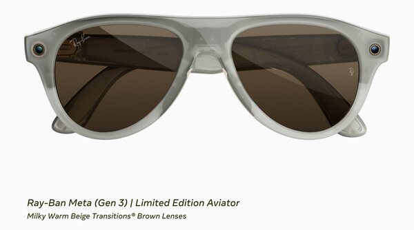 The Ray-Ban Meta (Gen 3) Limited Edition Aviator with a milky warm beige frame and transition brown lenses.