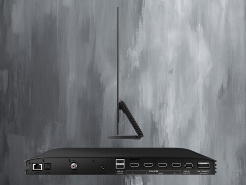 Side of Samsung S95F OLED TV shown with Slim One Connect box
