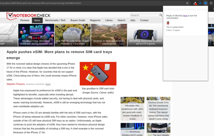 Bluesky Comments extension in action