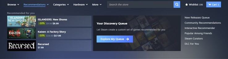 The new recommendation area is based on factors such as playtime, previous purchases and friend recommendations. (Image source: Steam)