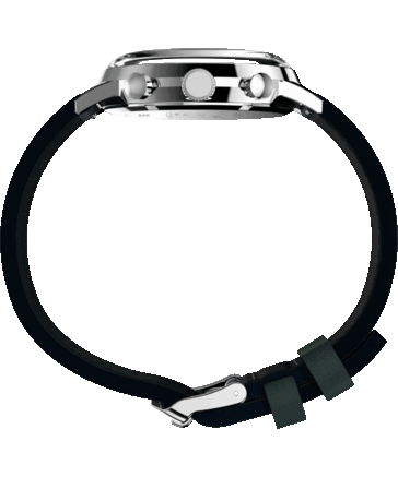 Side view of the Timex Peanuts x Marlin Chronograph showing the polished stainless steel case, crown and chronograph pushers, domed crystal, and blue perforated leather strap.